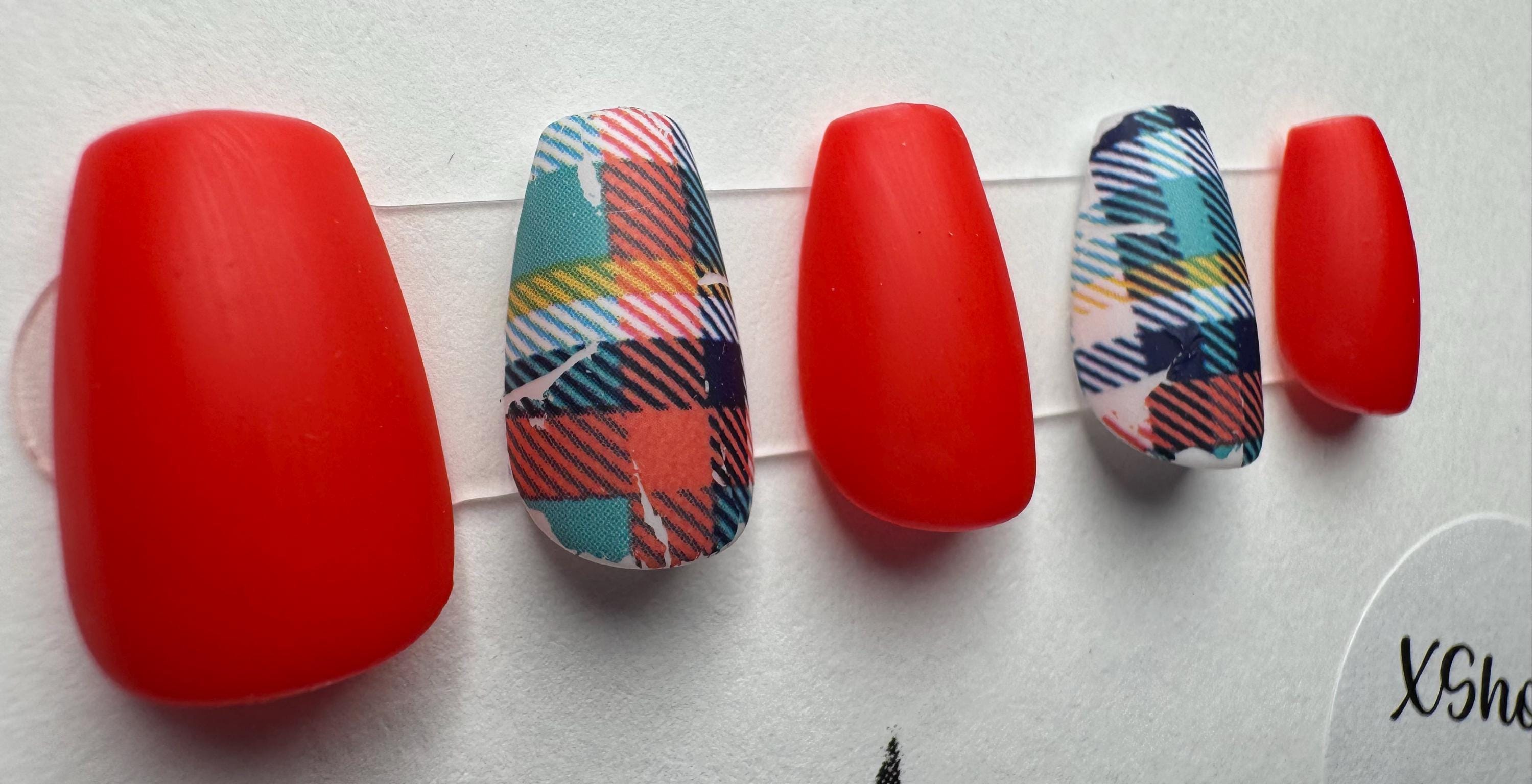Red Plaid; press-on nails