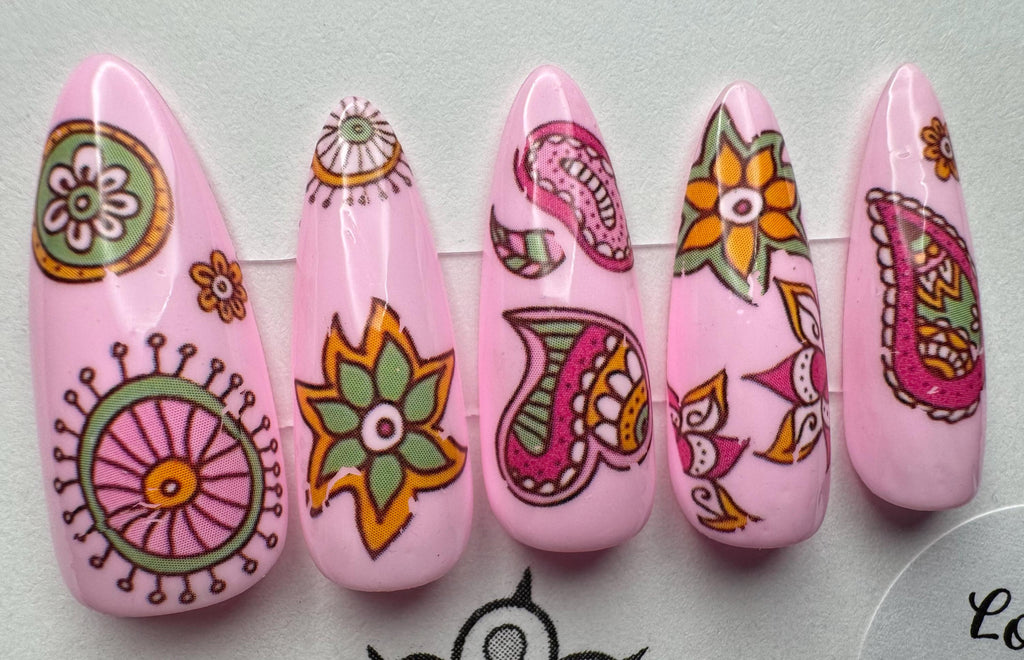 Pink Paisley/Boho; press-on nails