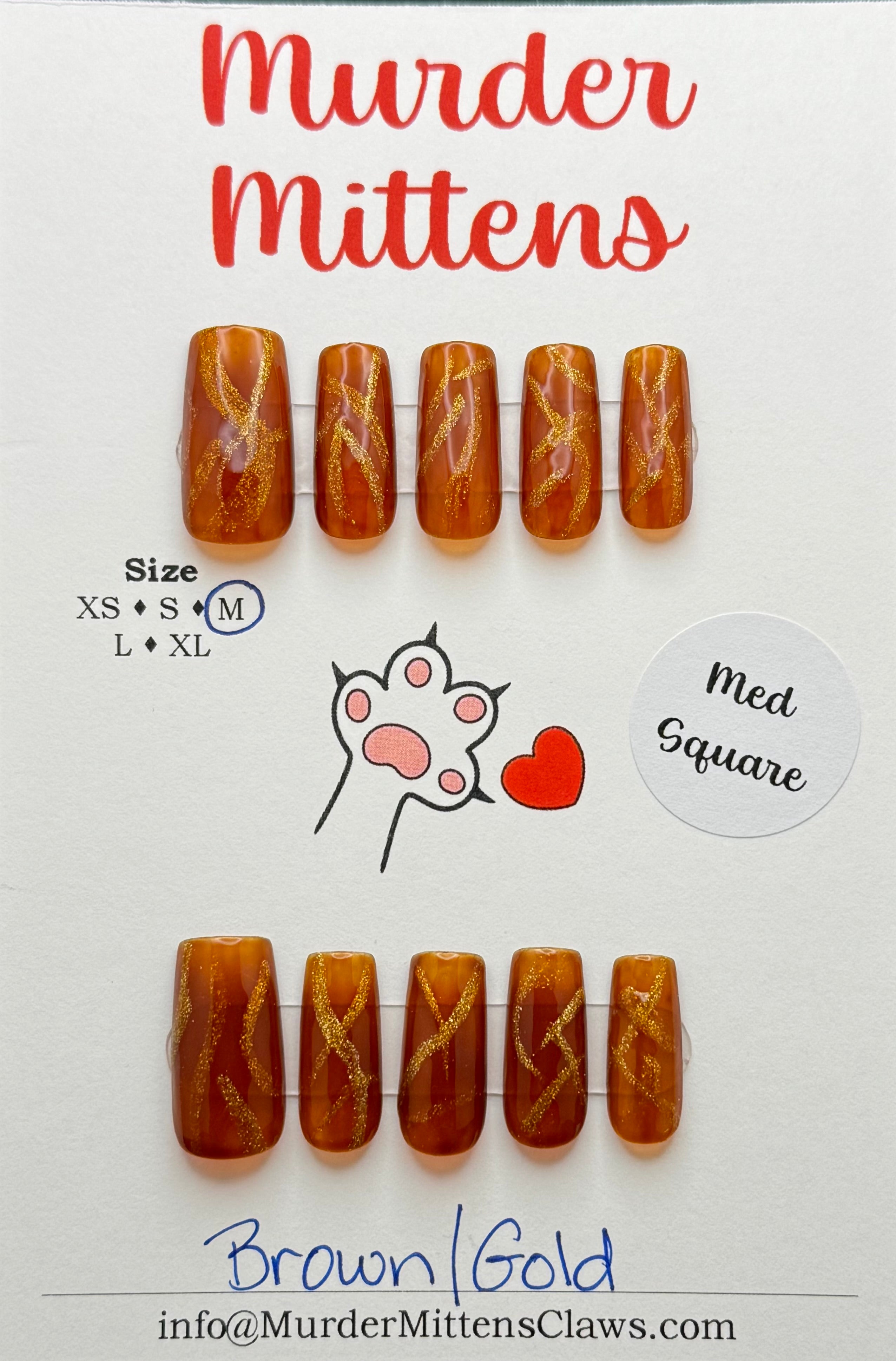 Brown/Gold; press-on nails