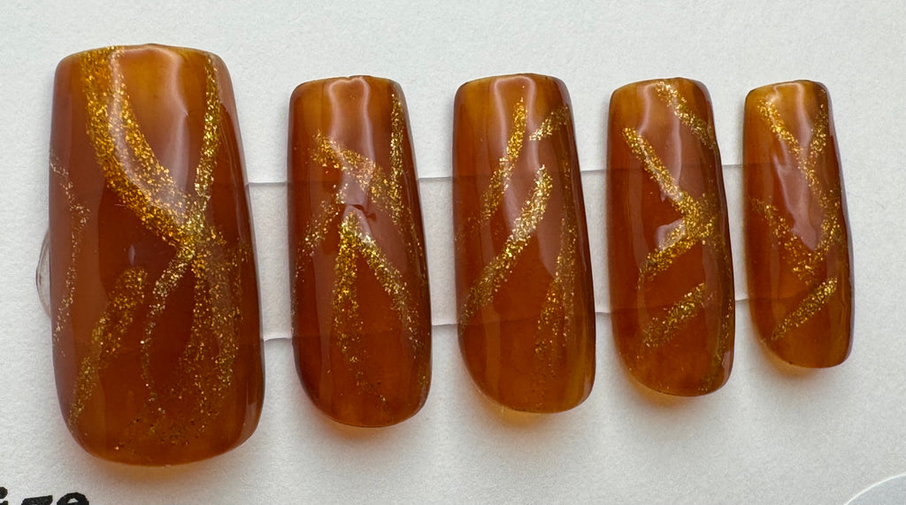 Brown/Gold; press-on nails