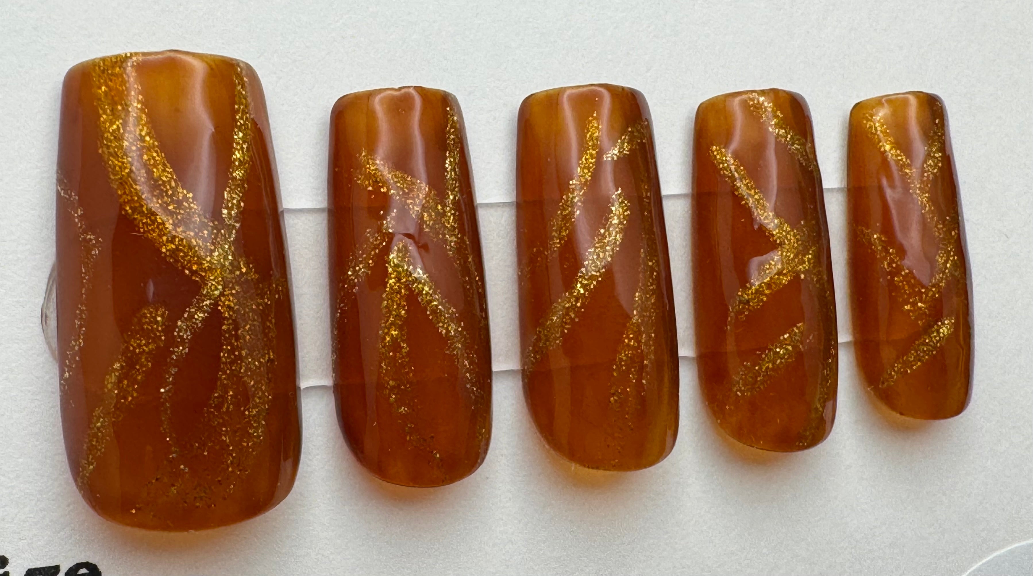 Brown/Gold; press-on nails