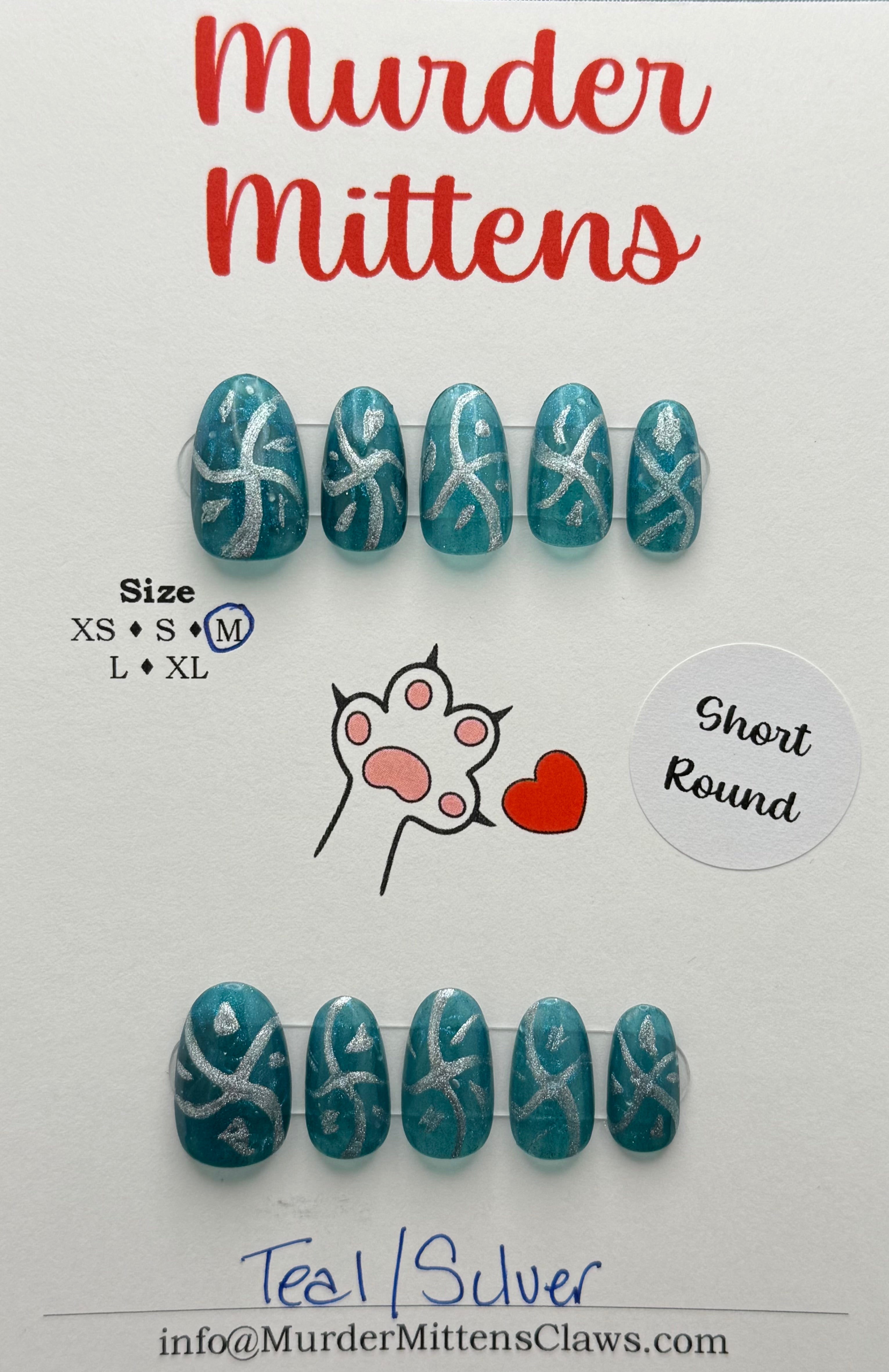 Teal/Silver; press-on nails