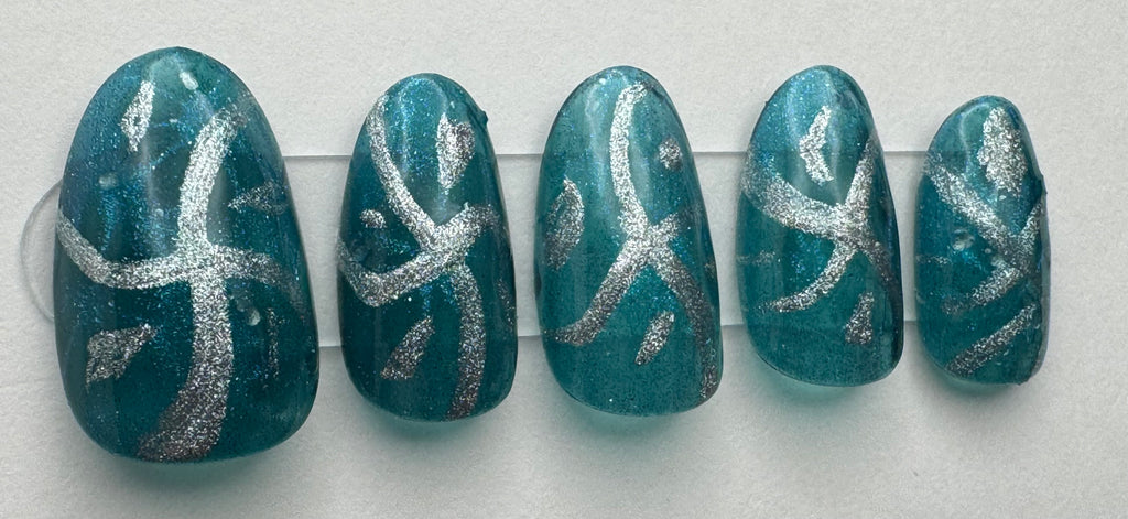 Teal/Silver; press-on nails