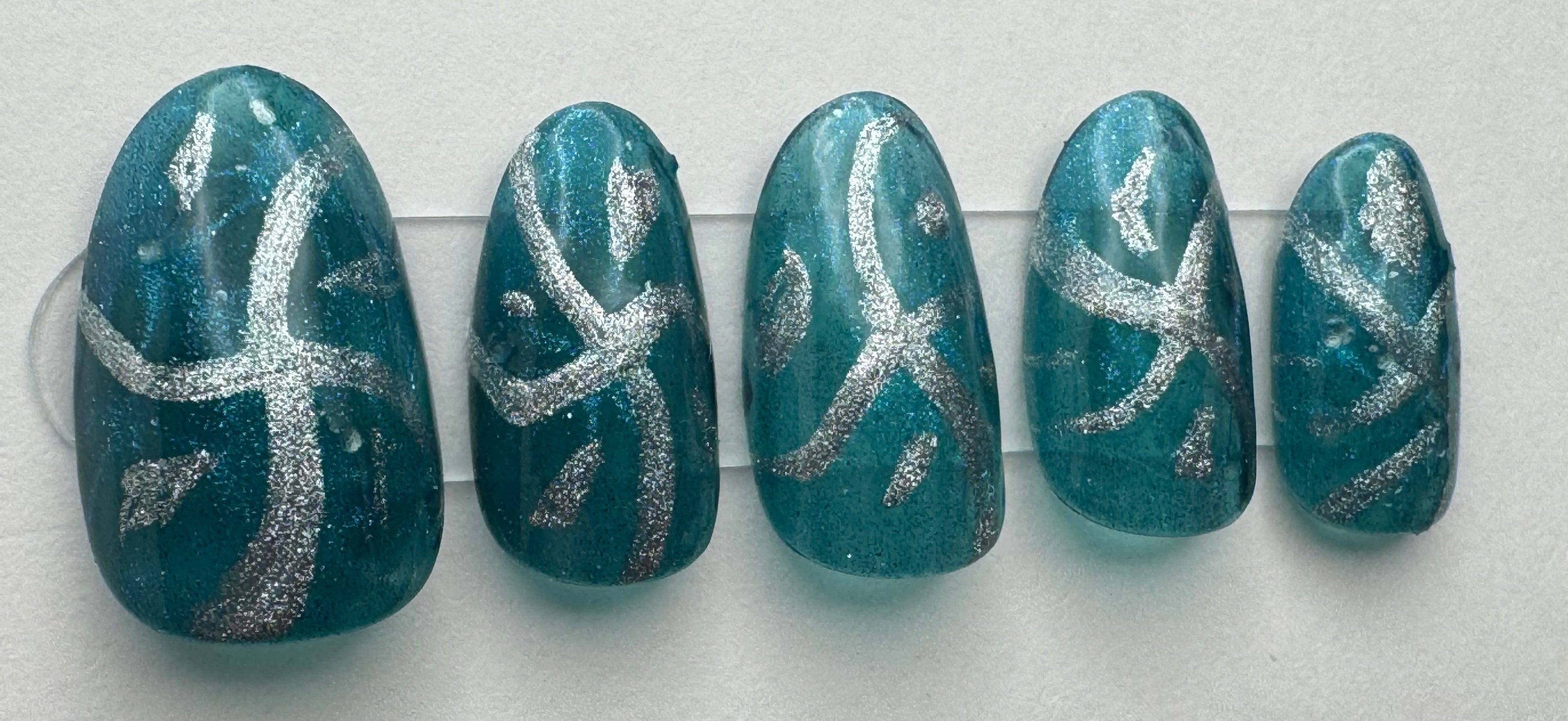 Teal/Silver; press-on nails