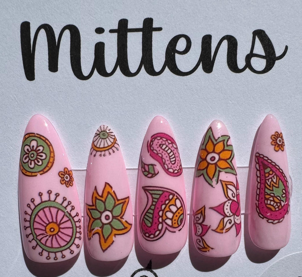 Pink Paisley/Boho; press-on nails
